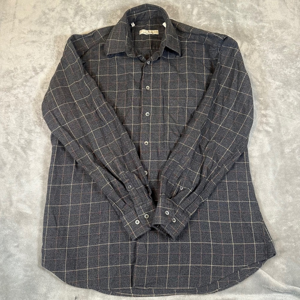Ermenegildo Zegna Mens Gray Windowpane Plaid Cotton Flannel Shirt Italy L